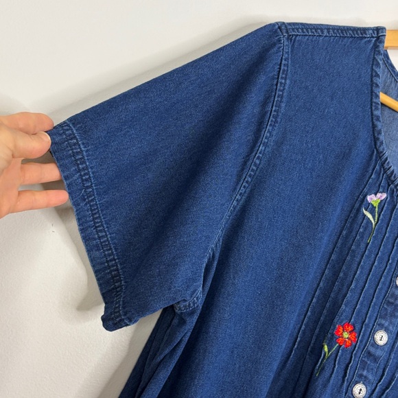 Chambray Dress Womens 2X Blue Jean Embroidered Floral Short Sleeve Prairie Midi - Picture 5 of 13